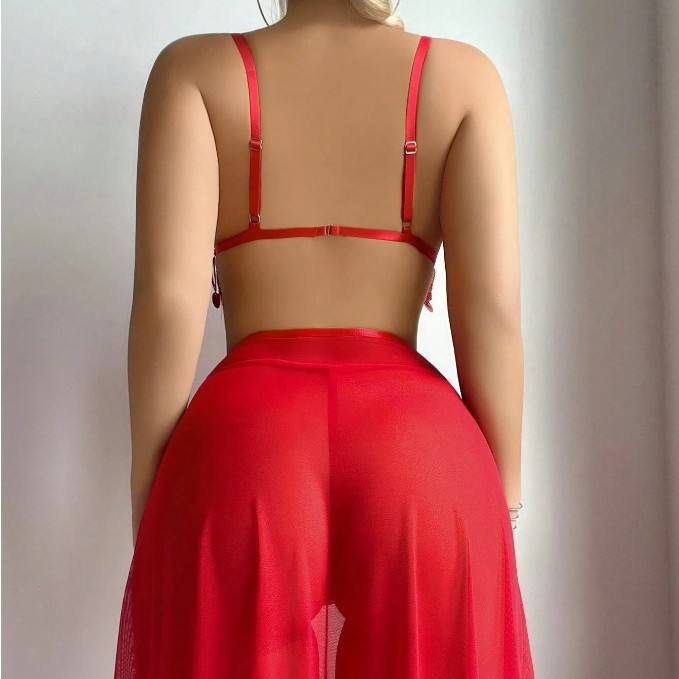 Lace Temptation Sheer Mesh Nightgown – Deep-V Tassel Lingerie