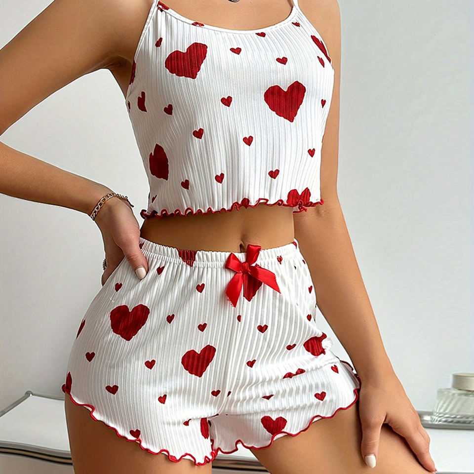 High-Quality Sexy Erotic Two-Piece Homewear Set – Heart Printed Short Tank Top & Shorts