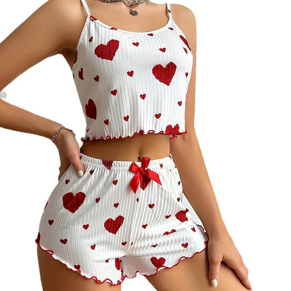 High-Quality Sexy Erotic Two-Piece Homewear Set – Heart Printed Short Tank Top & Shorts