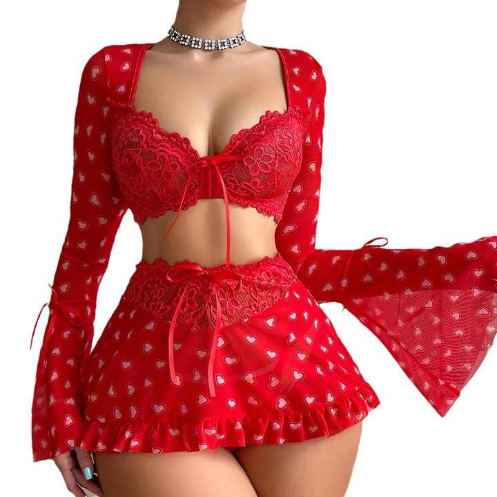 Women's Sexy Lace Mesh Lingerie Set with Heart Skirt & Bowknot