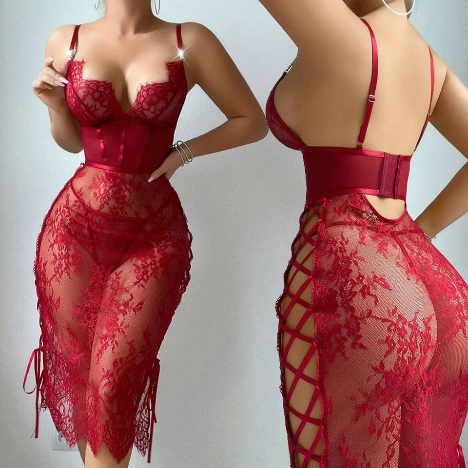 Side Slit Strap Mesh Nightgown – Sexy Floral Lace Perspective Pajamas