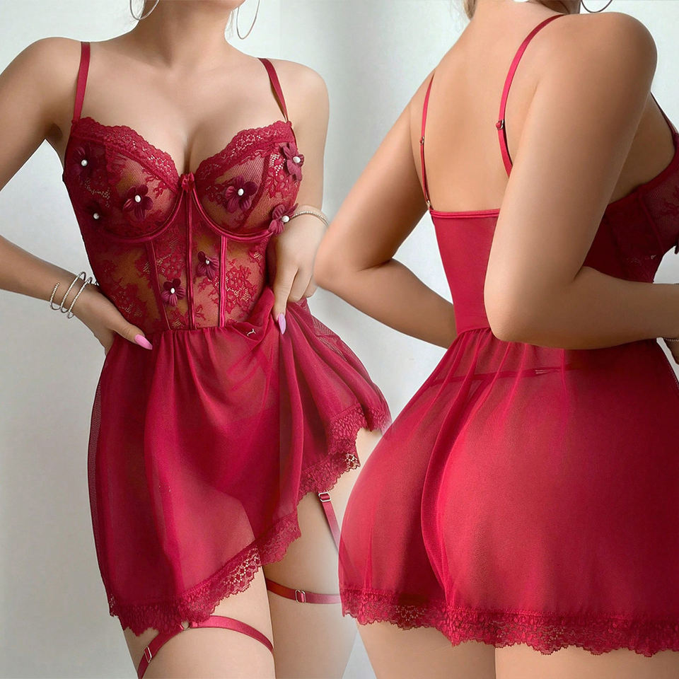 XL Chiffon Lace Nightdress – Sexy Deep V-Neck Sheer Mesh Sleepwear for Women