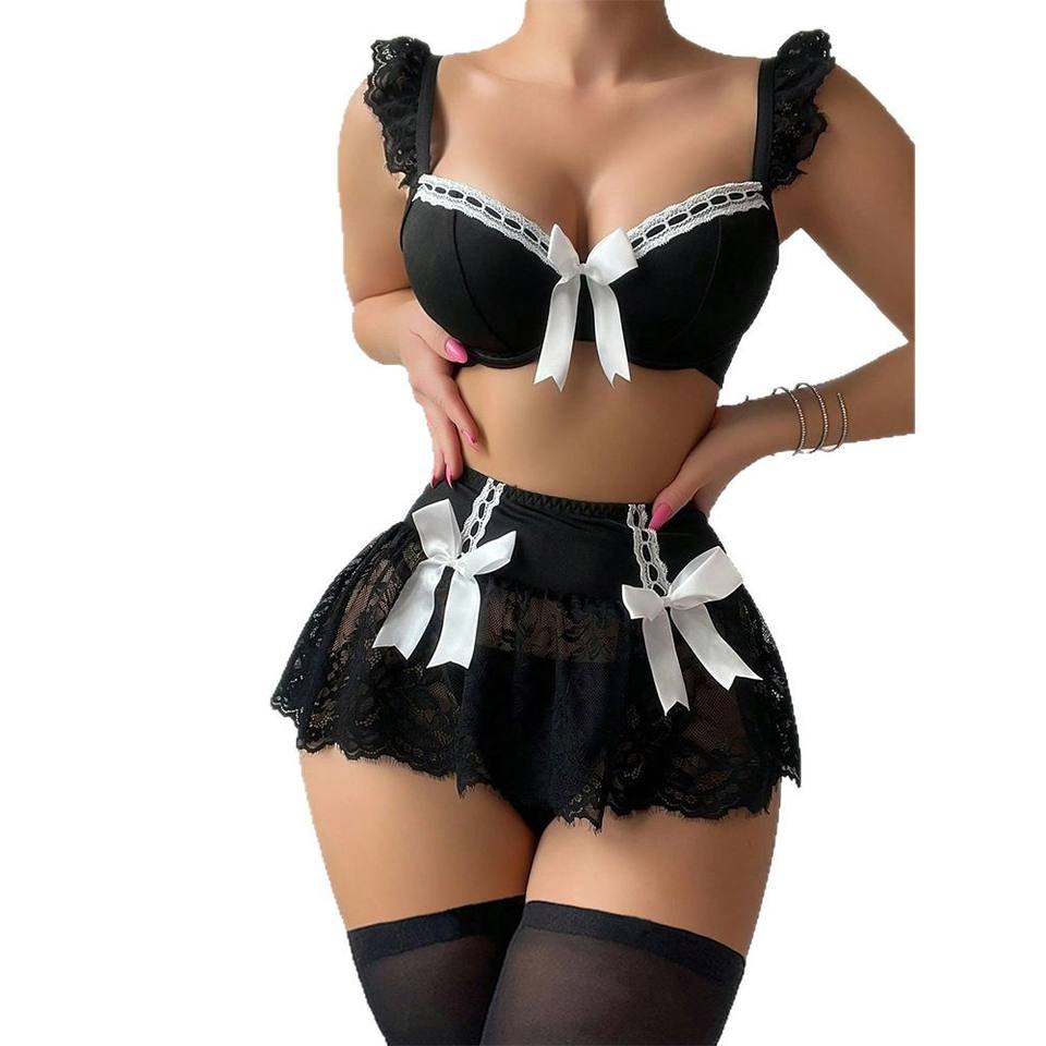Bowknot Lace Maid Costume – Erotic Lingerie Teddy & Shorts Set