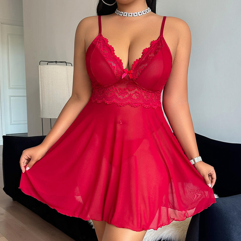 Plus-Size Bridal & Christmas Lace Nightgown – Sexy Mesh Homewear & Festival Dress