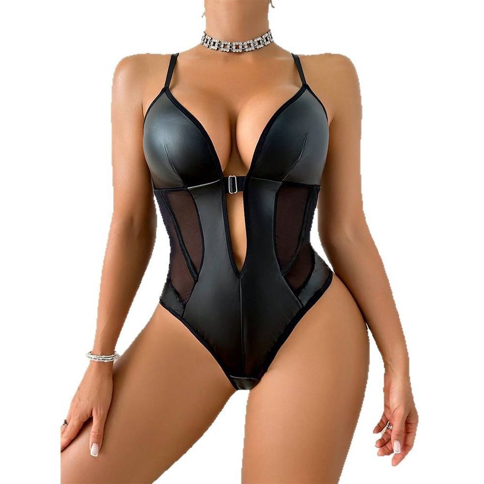Sexy PU Teddy Lingerie – See-Through V-Neck Bodysuit for Women