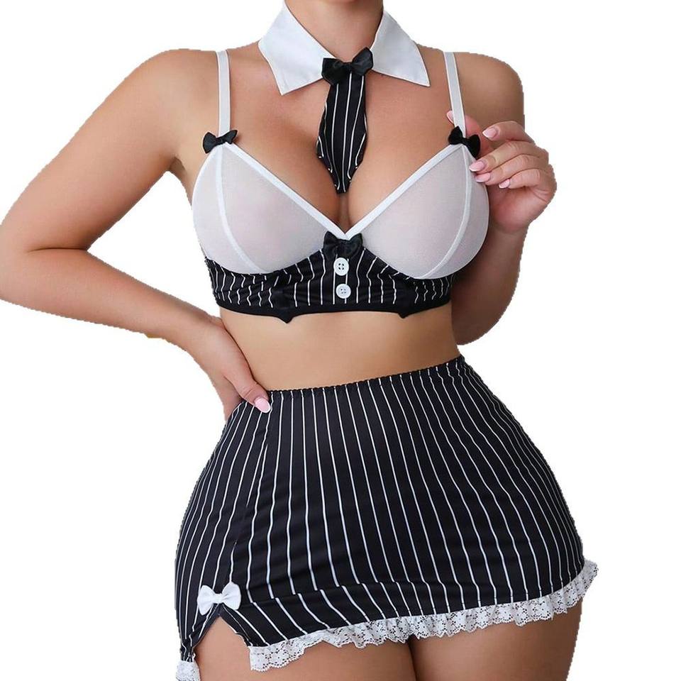 Sexy Sheer Mesh Maid Outfit – Women’s Exotic Lingerie Uniform with Hip Wrap & Lace Tie