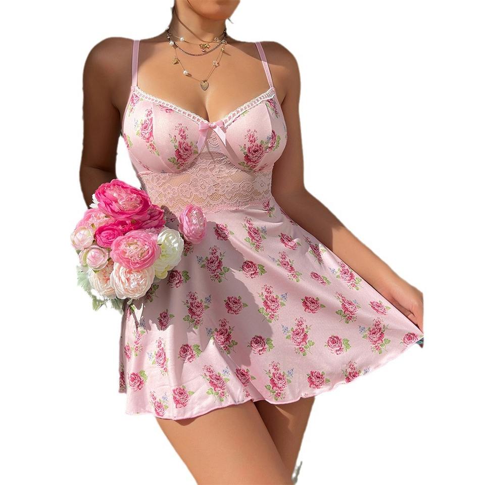 Sexy Pink Strap Nightdress – Deep V Mini Spandex Babydoll