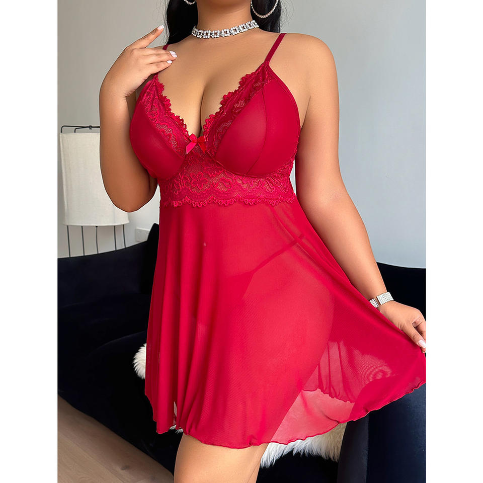 Plus-Size Bridal & Christmas Lace Nightgown – Sexy Mesh Homewear & Festival Dress