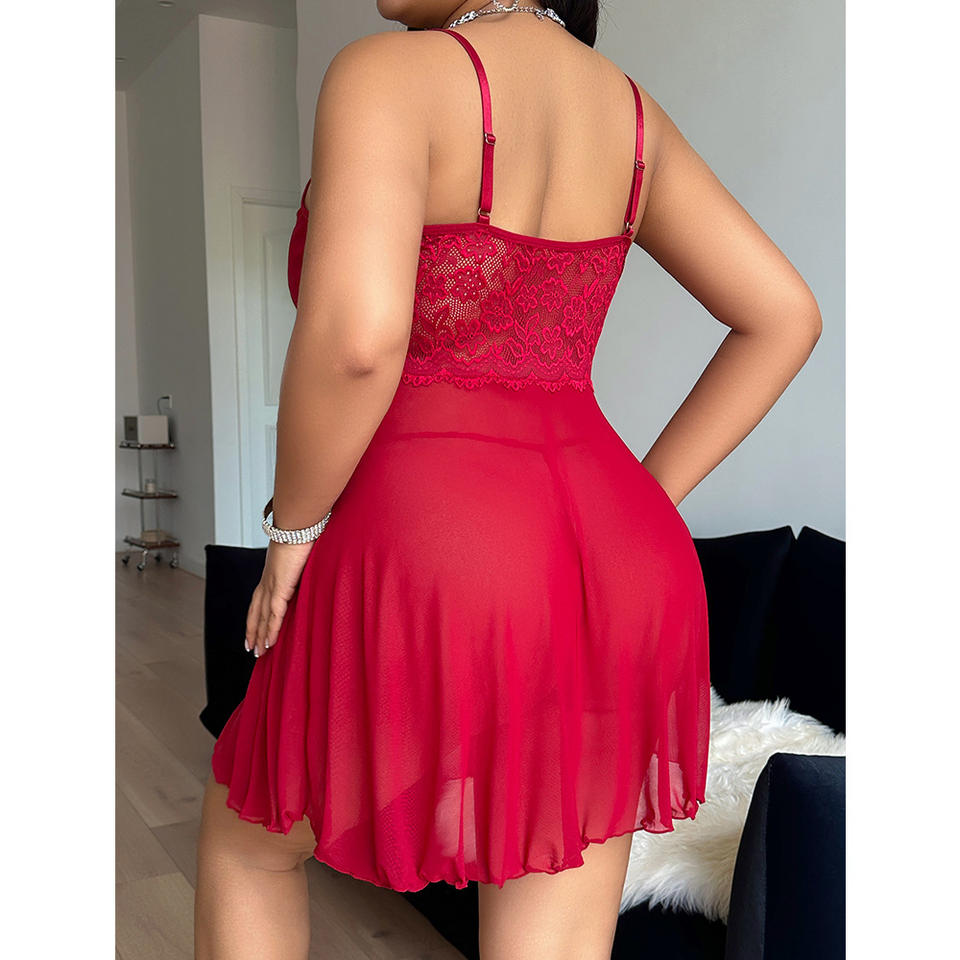 Plus-Size Bridal & Christmas Lace Nightgown – Sexy Mesh Homewear & Festival Dress