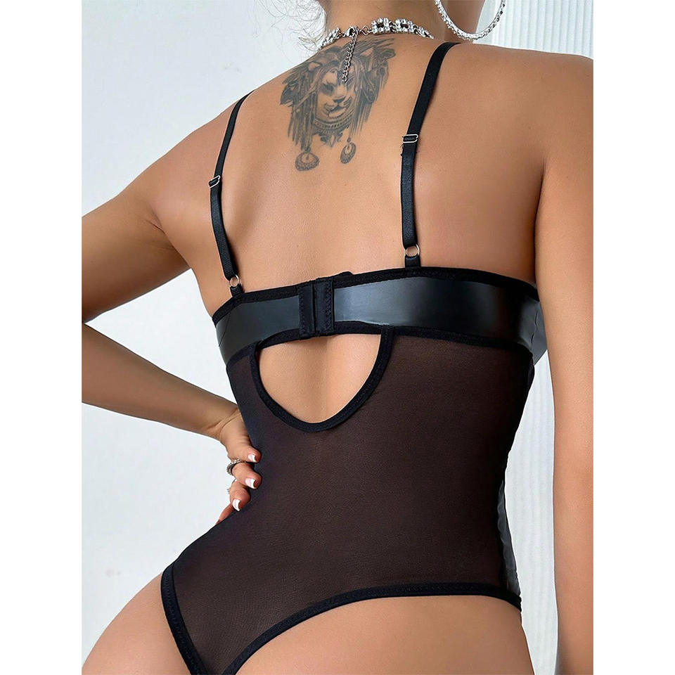 Sexy PU Teddy Lingerie – See-Through V-Neck Bodysuit for Women