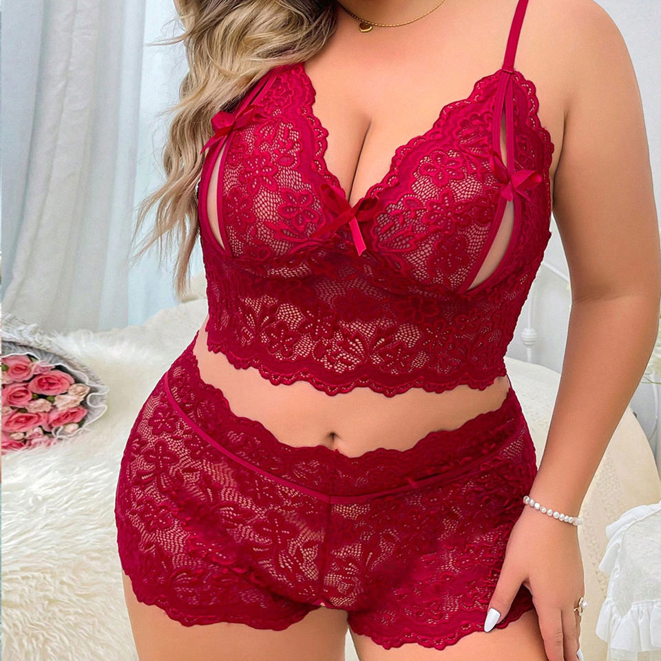 Curv Women’s Sexy Plus Size Lace Embroidered Nightdress & Shorts Lingerie Set