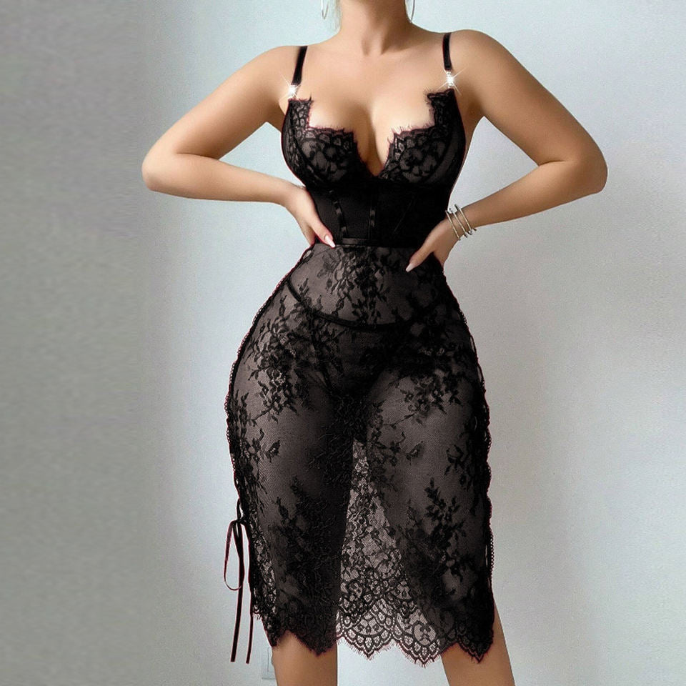 Side Slit Strap Mesh Nightgown – Sexy Floral Lace Perspective Pajamas