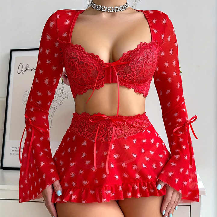 Women's Sexy Lace Mesh Lingerie Set with Heart Skirt & Bowknot
