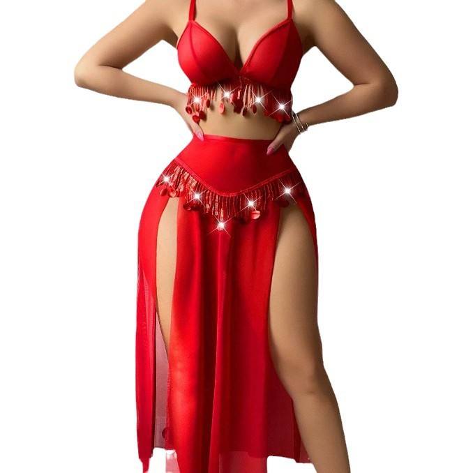 Lace Temptation Sheer Mesh Nightgown – Deep-V Tassel Lingerie