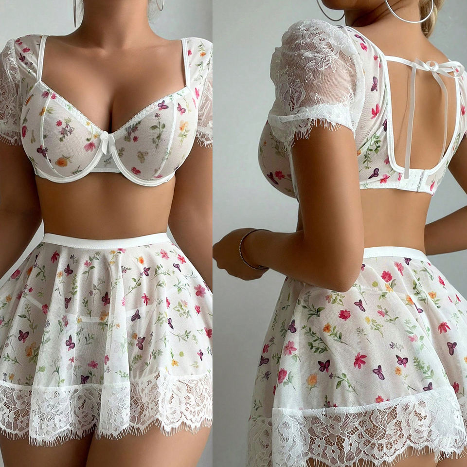 Sexy Sheer Mesh Nightwear – Floral Lace Crop Top & Fishnet Underwear Set