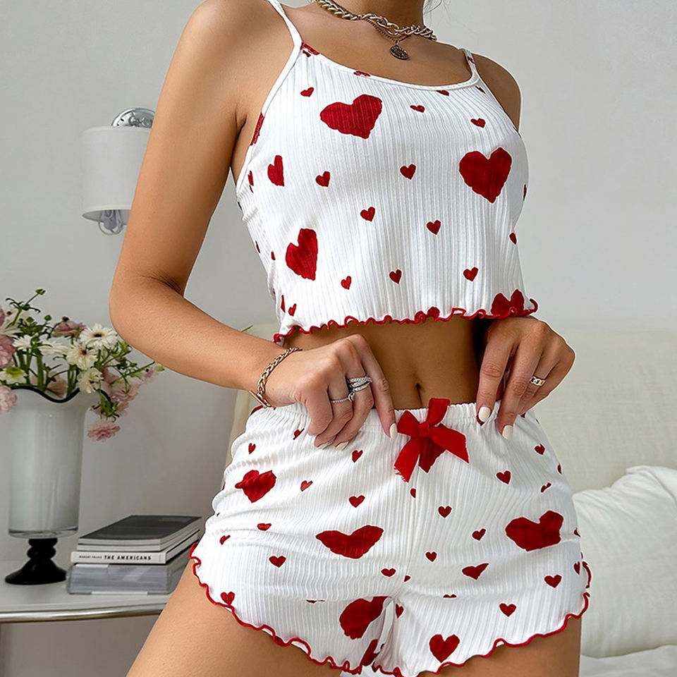High-Quality Sexy Erotic Two-Piece Homewear Set – Heart Printed Short Tank Top & Shorts