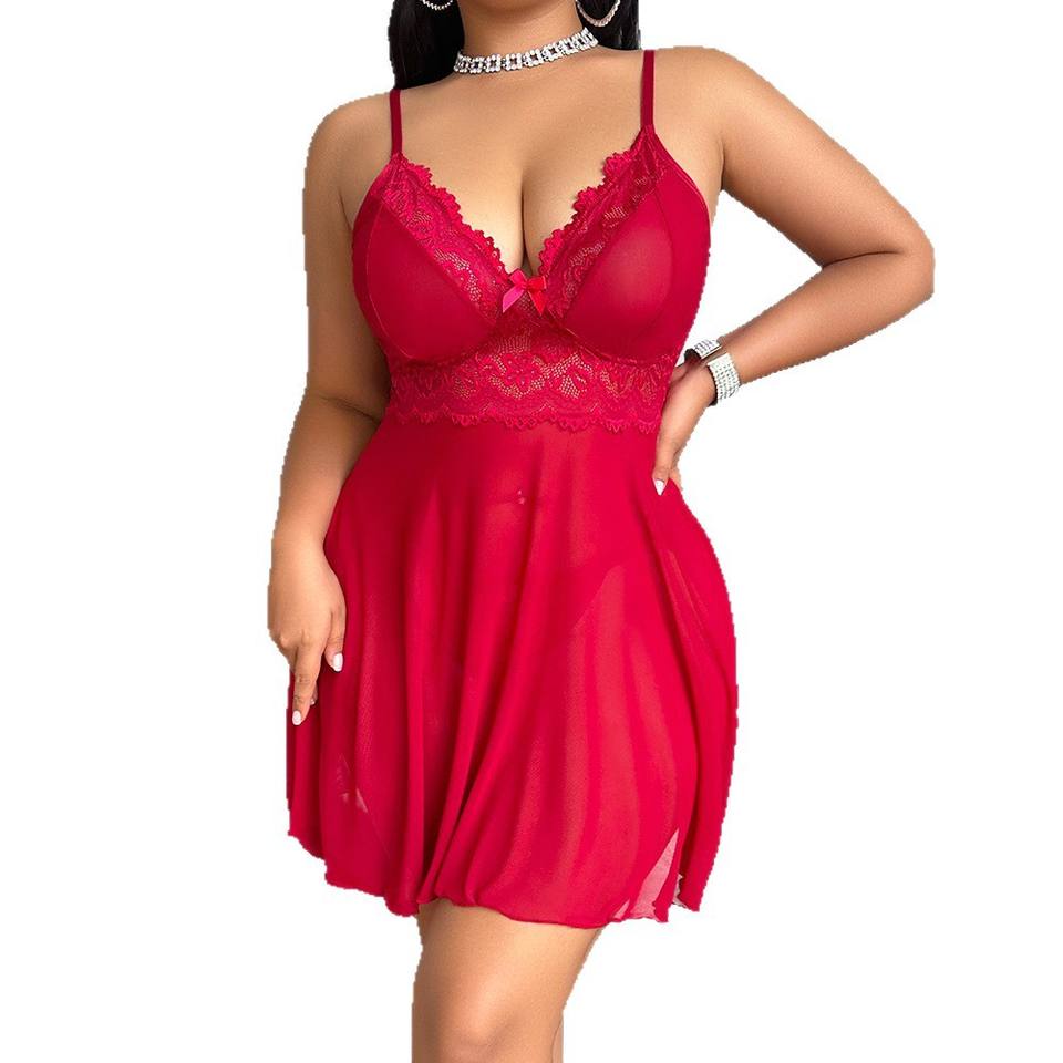 Plus-Size Bridal & Christmas Lace Nightgown – Sexy Mesh Homewear & Festival Dress