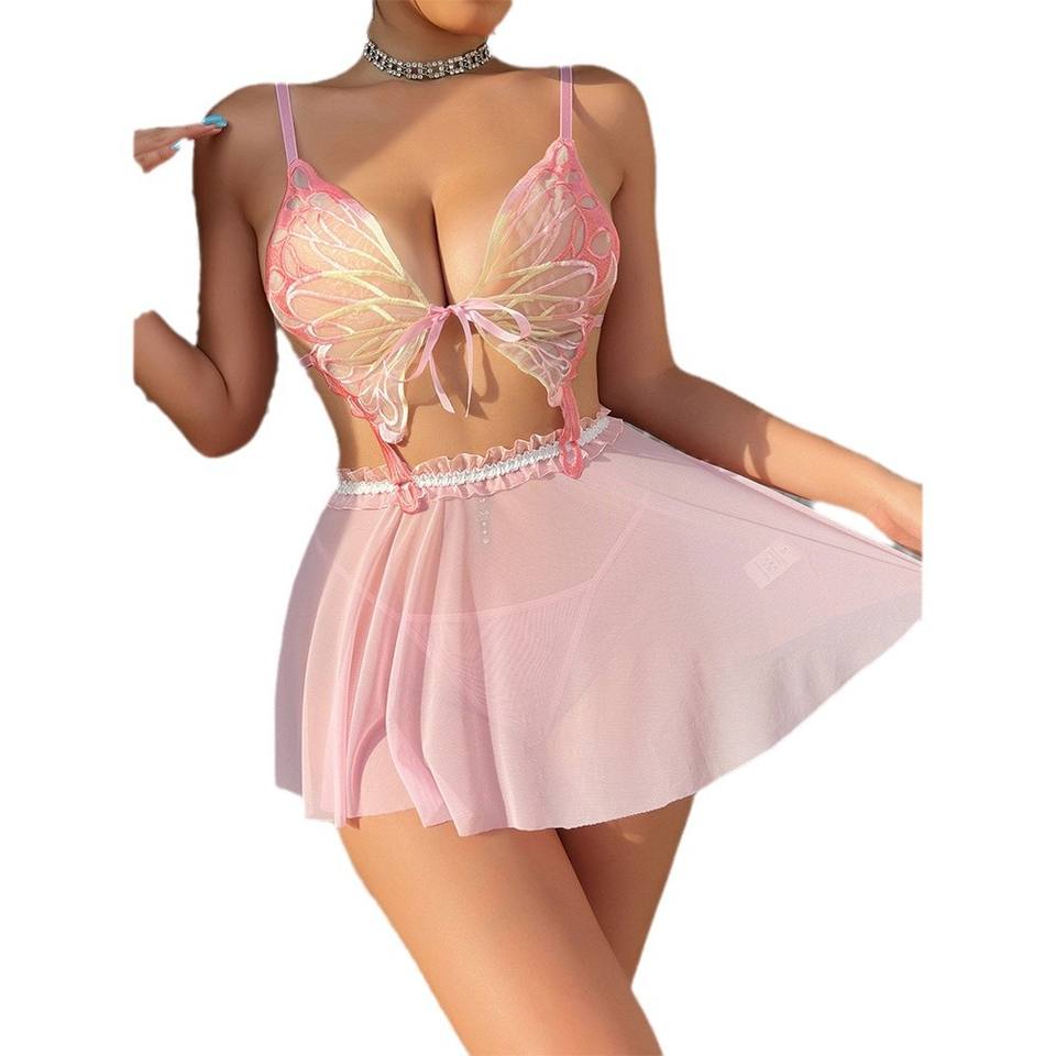 Women’s Sexy Pink Butterfly Lingerie – Sheer Mesh Skirt & Thong Pajama Set
