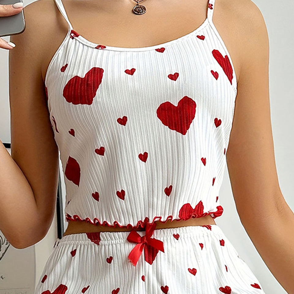 High-Quality Sexy Erotic Two-Piece Homewear Set – Heart Printed Short Tank Top & Shorts