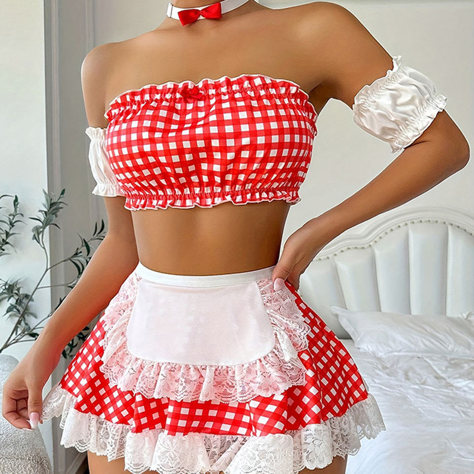 Women's Sexy Plaid Lingerie Set – Lace Passion Maid Cosplay Costume