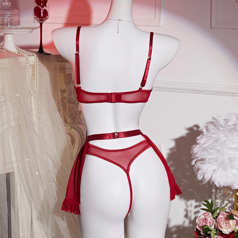 High-Quality See-Through Lace Mesh Babydoll – V-Neck Erotic Lingerie with Garter Belt