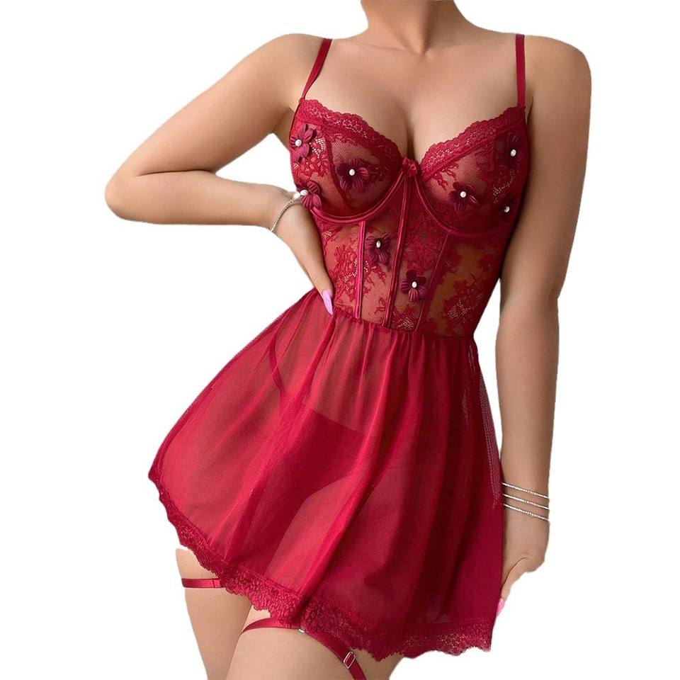 XL Chiffon Lace Nightdress – Sexy Deep V-Neck Sheer Mesh Sleepwear for Women