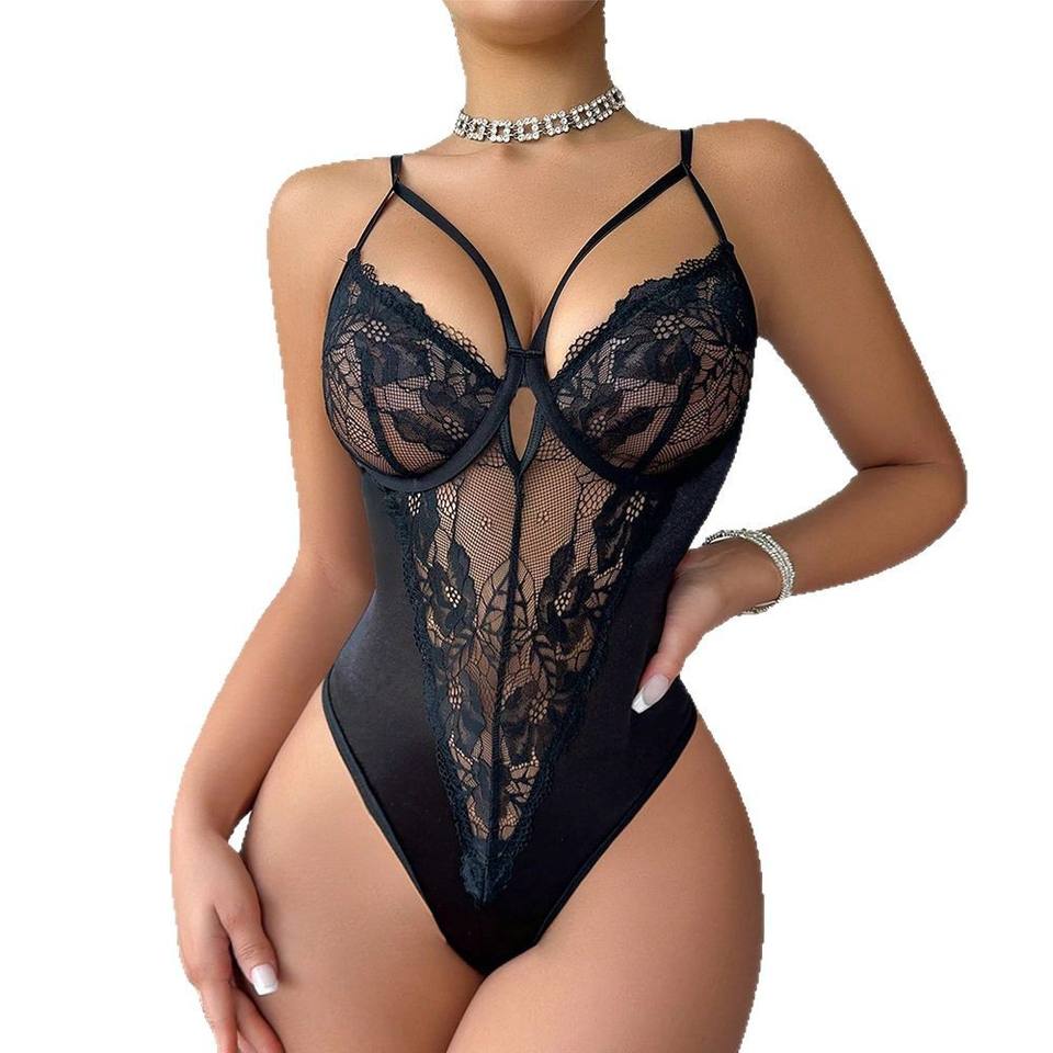 Sexy Lace Teddy Bodysuit – See-Through V-Neck Lingerie for Women