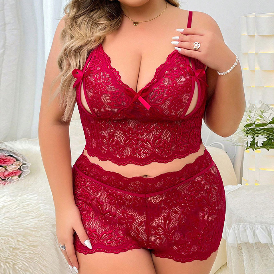 Curv Women’s Sexy Plus Size Lace Embroidered Nightdress & Shorts Lingerie Set
