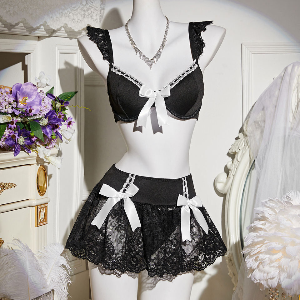 Bowknot Lace Maid Costume – Erotic Lingerie Teddy & Shorts Set