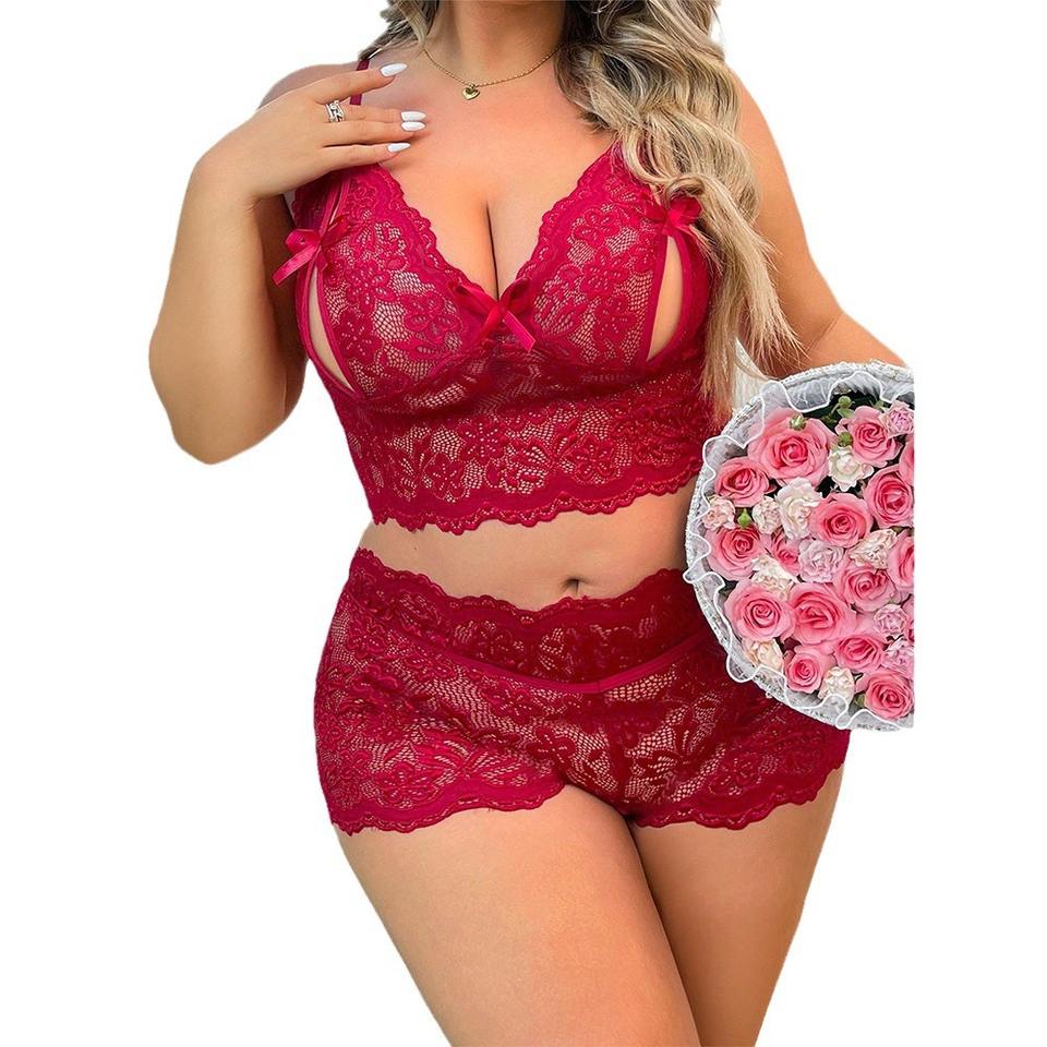Curv Women’s Sexy Plus Size Lace Embroidered Nightdress & Shorts Lingerie Set
