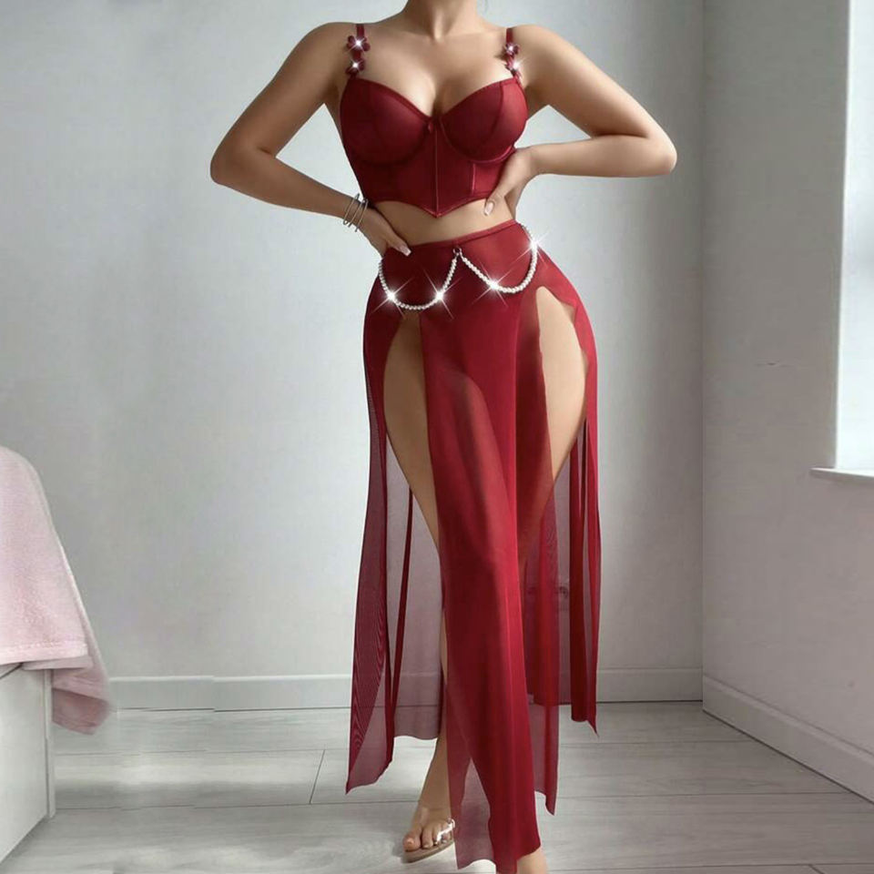 Long Mesh Sexy Strap Dress – Erotic Ice Silk Lingerie with Pearl Design & High Slit