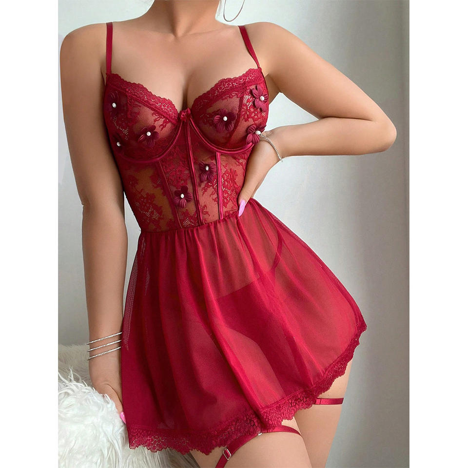 XL Chiffon Lace Nightdress – Sexy Deep V-Neck Sheer Mesh Sleepwear for Women