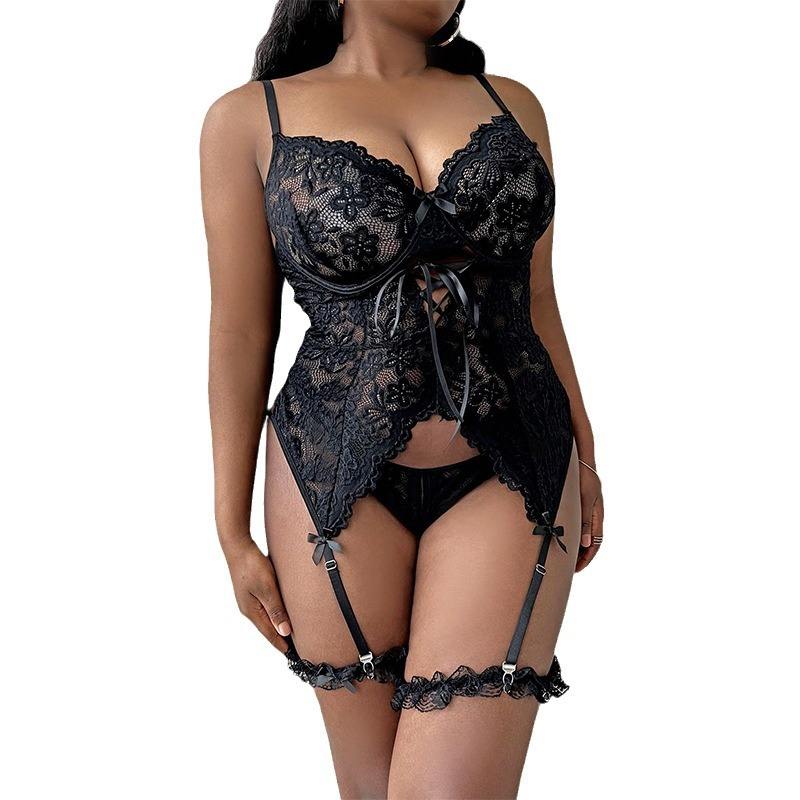Sexy Slim-Fitting Lace Bodysuit with Garter Belt – Embroidered See-Through Teddy Nightdress